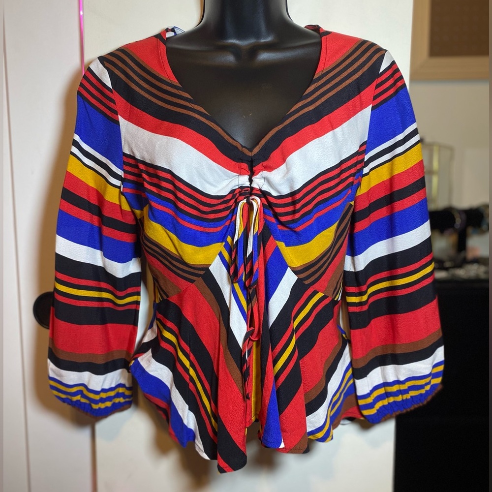 Express Colorful Striped Peplum Blouse Small Red, Blue, White, Brown, Yellow